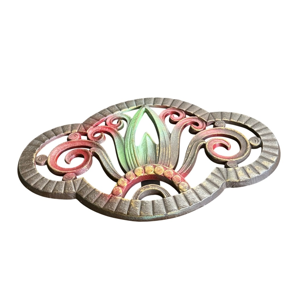 Vintage JUDD Cast Iron Curtain‎ Tieback Art Nouveau Scroll Red Green Gold Metal